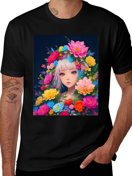 Floral Anime Girl Graphic Tee - Black Cotton T-Shirt