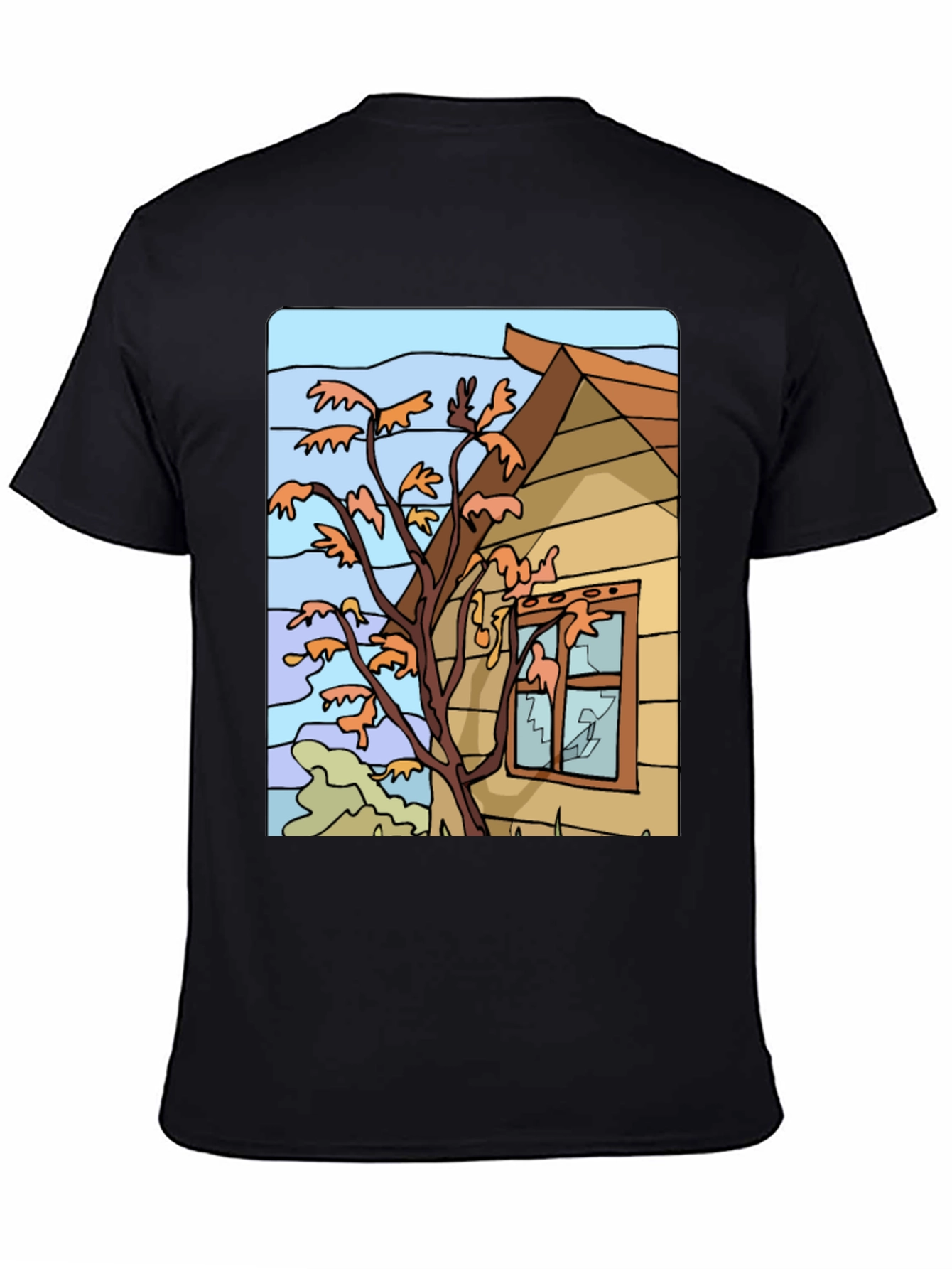 Whimsical House Tree Graphic Black T-Shirt