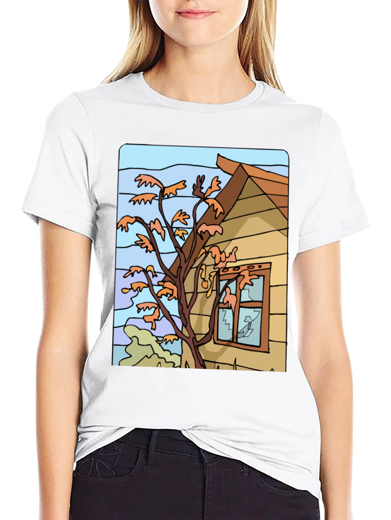 Whimsical House Tree Graphic Black T-Shirt