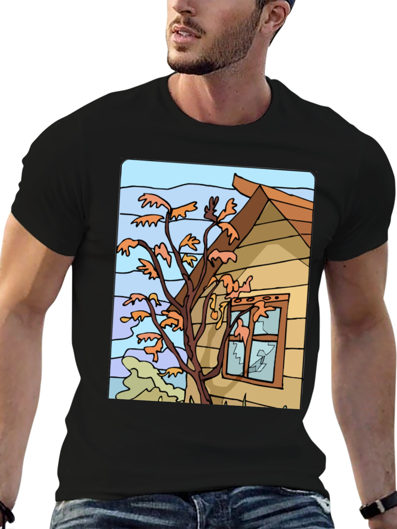 Whimsical House Tree Graphic Black T-Shirt