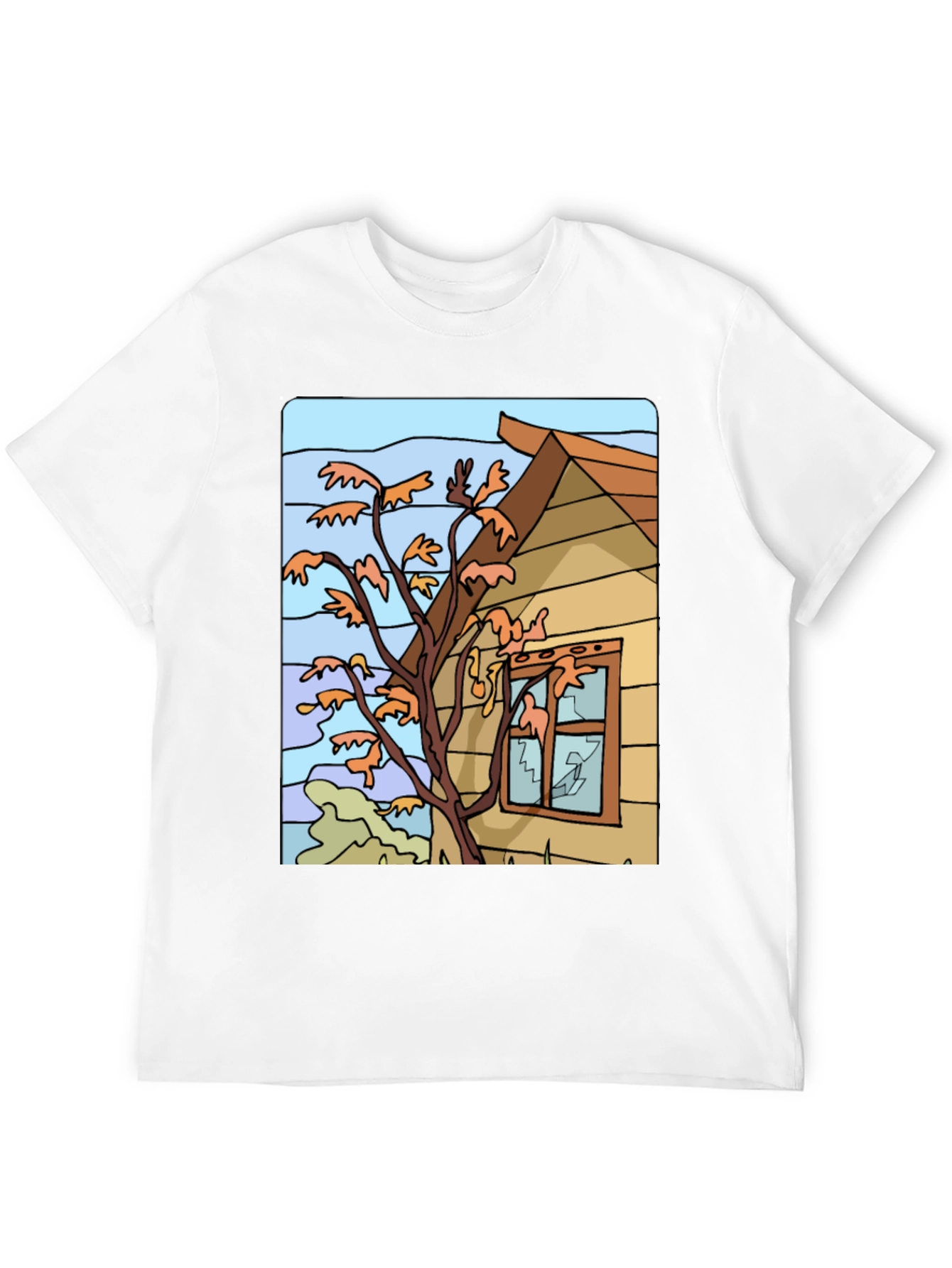 Whimsical House Tree Graphic Black T-Shirt