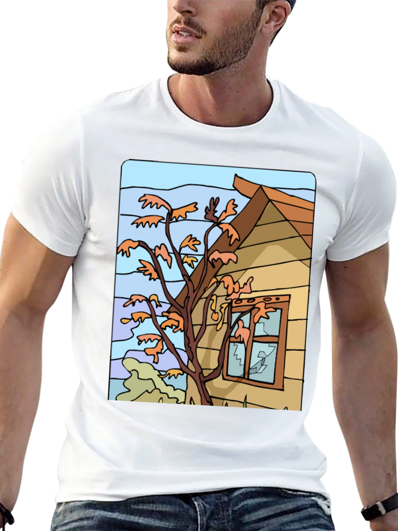 Whimsical House Tree Graphic Black T-Shirt