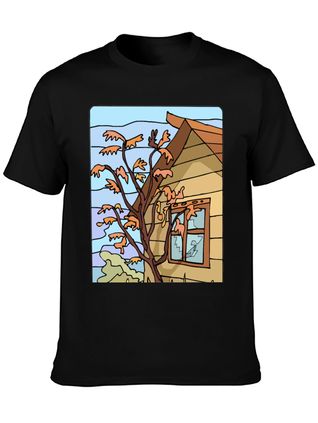 Whimsical House Tree Graphic Black T-Shirt