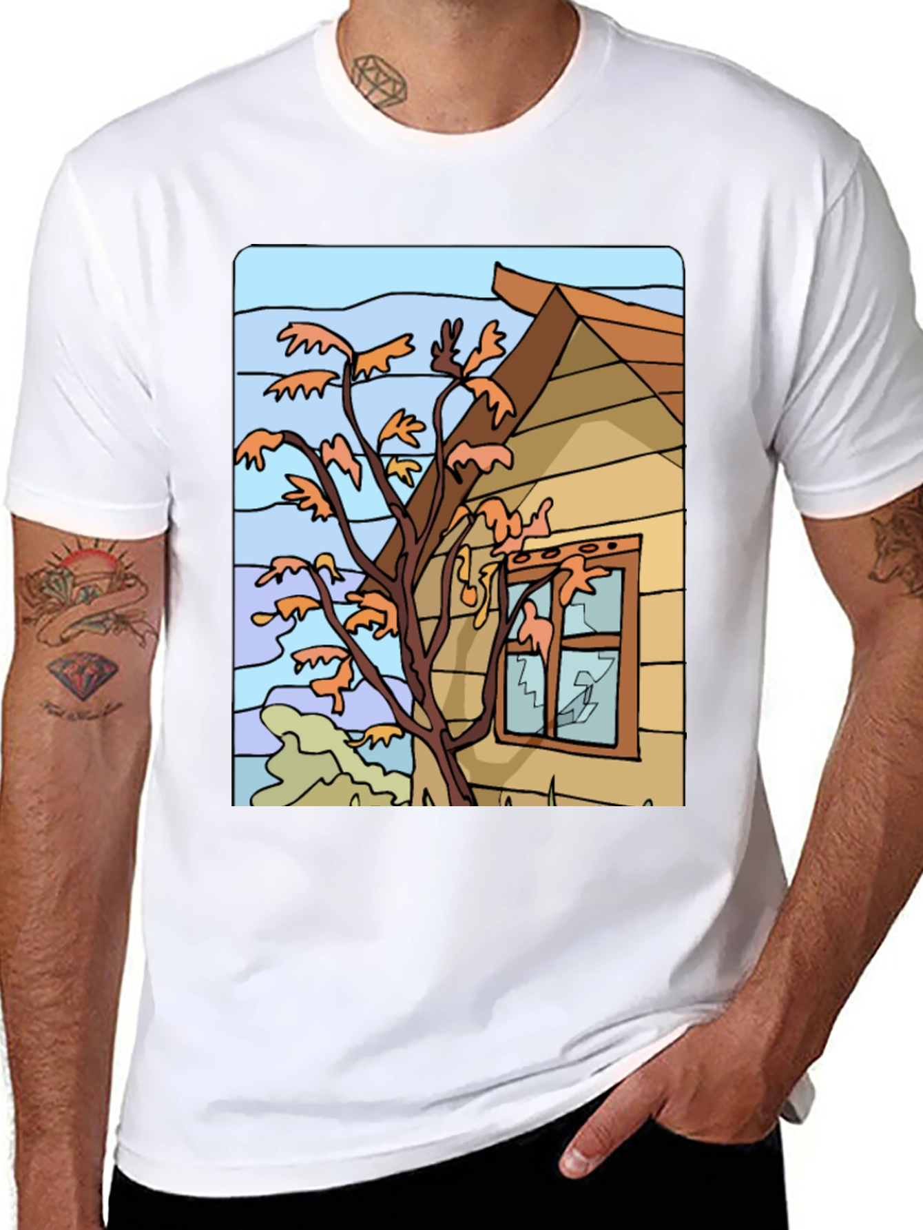 Whimsical House Tree Graphic Black T-Shirt
