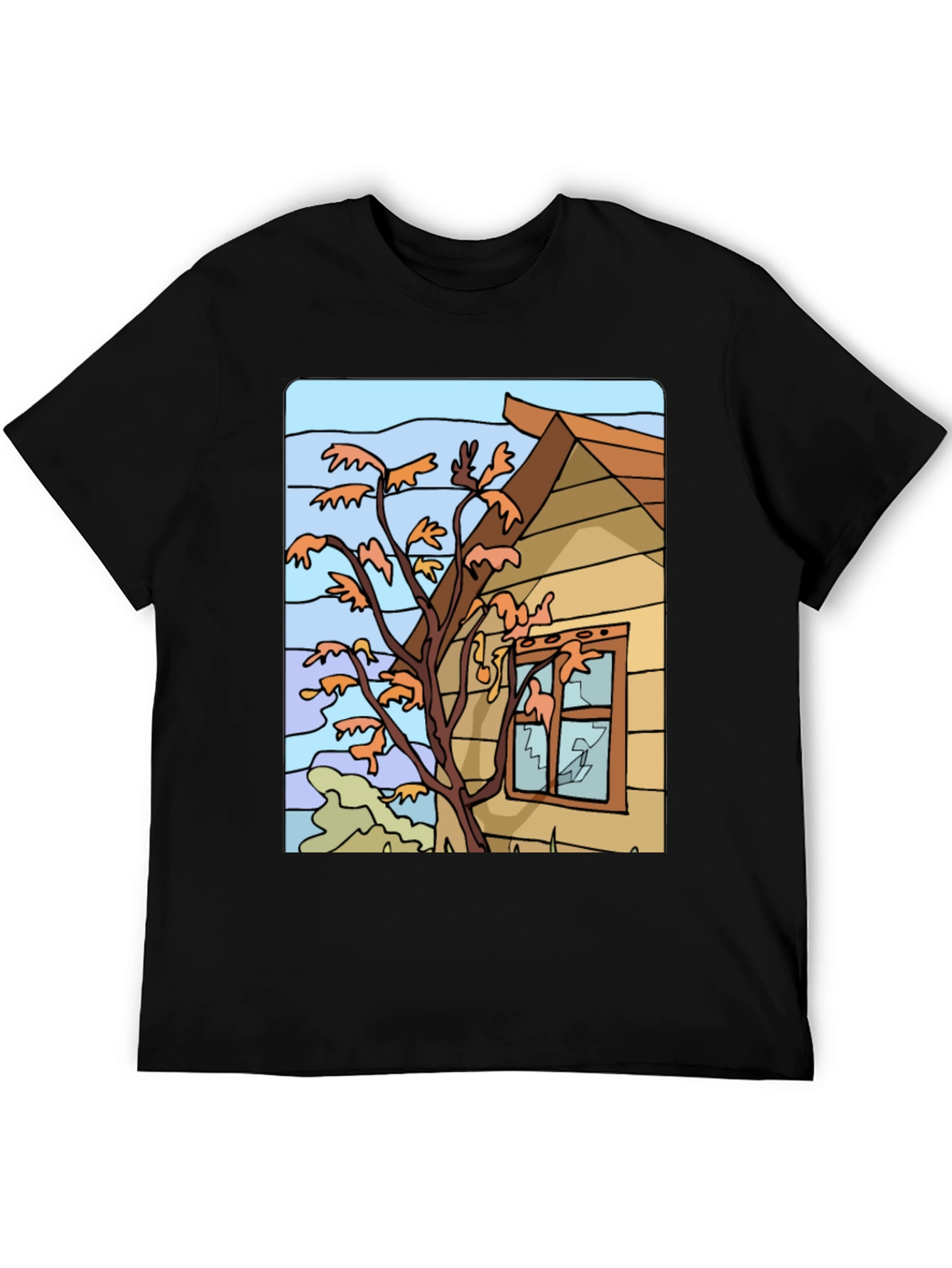 Whimsical House Tree Graphic Black T-Shirt