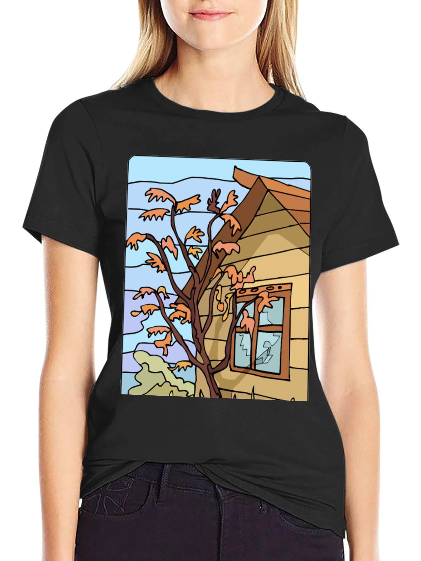 Whimsical House Tree Graphic Black T-Shirt