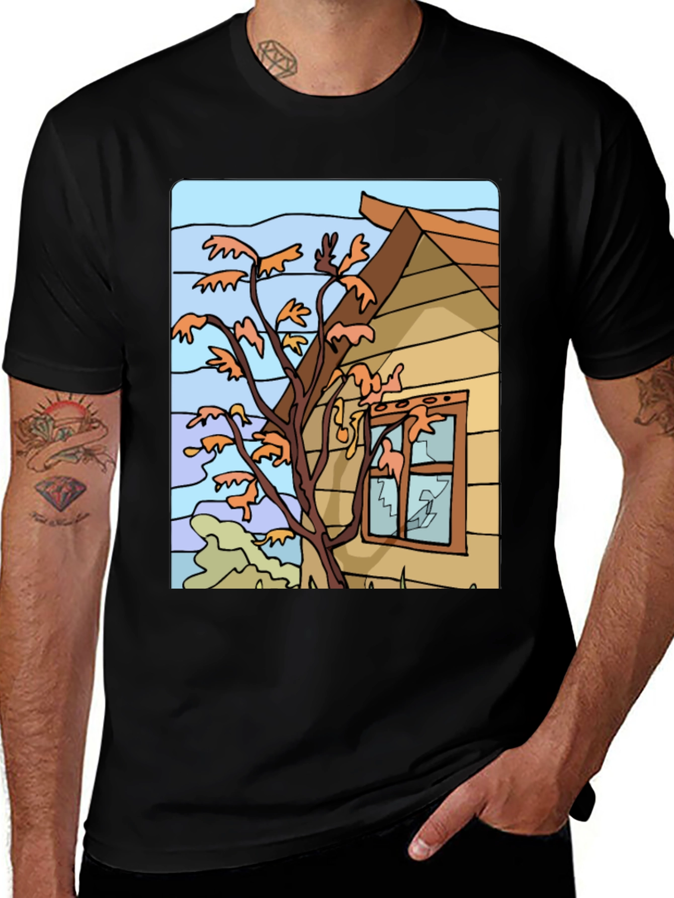 Whimsical House Tree Graphic Black T-Shirt