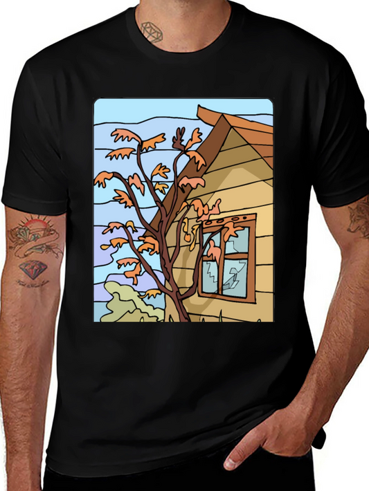 Whimsical House Tree Graphic Black T-Shirt