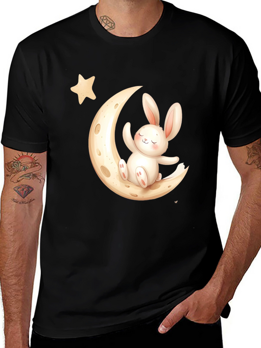 Cute Bunny on Moon Black T-Shirt