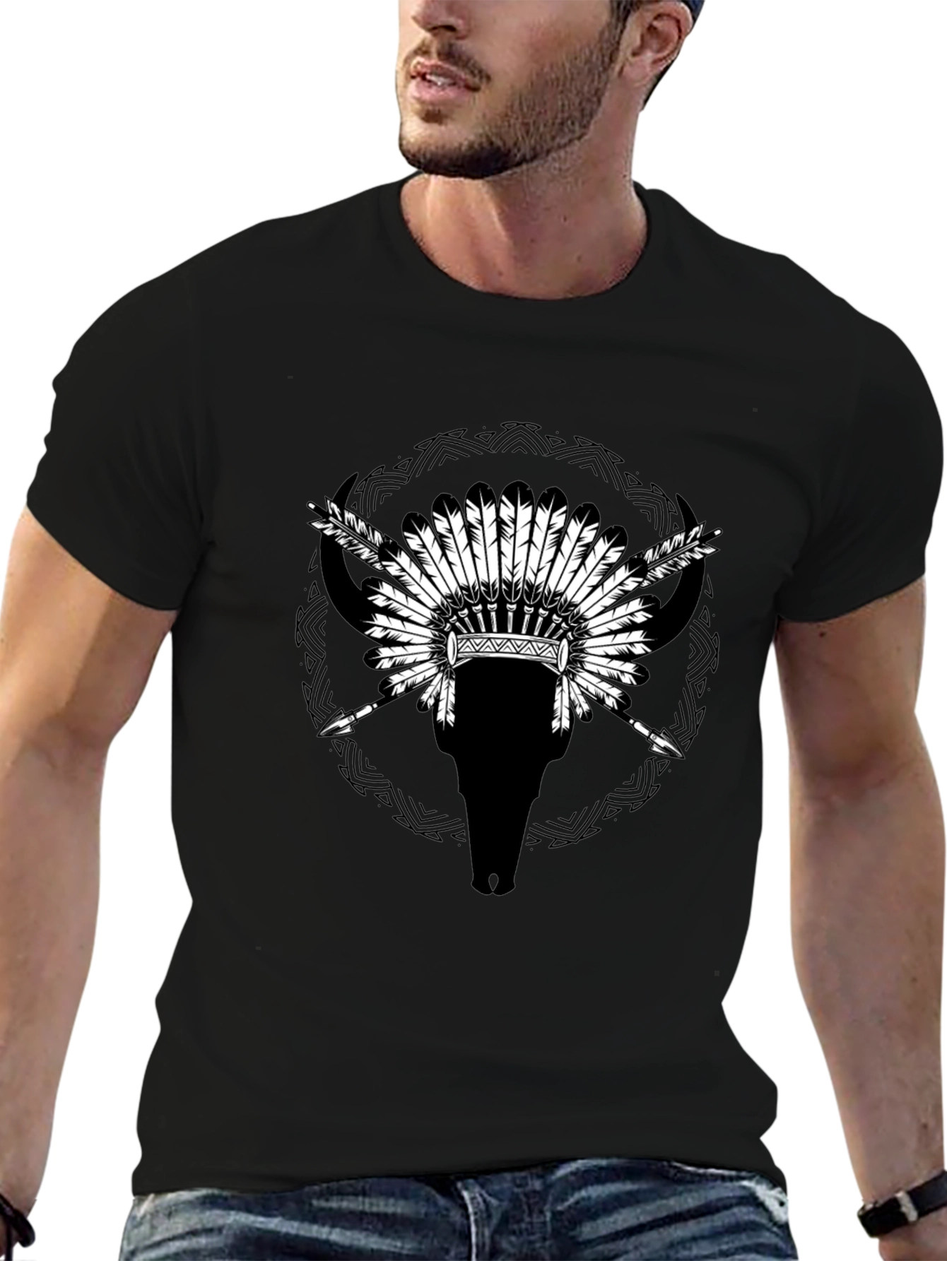 Native Headdress Bull Skull Black T-Shirt