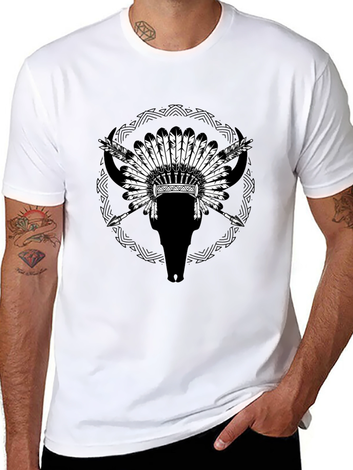 Native Headdress Bull Skull Black T-Shirt