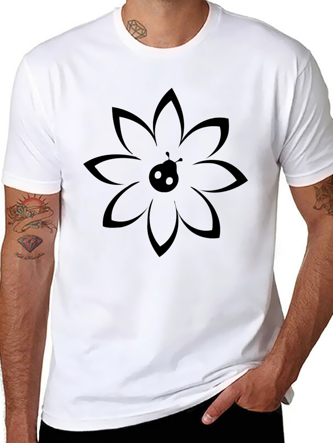 Ladybug Floral Graphic Print Black T-Shirt