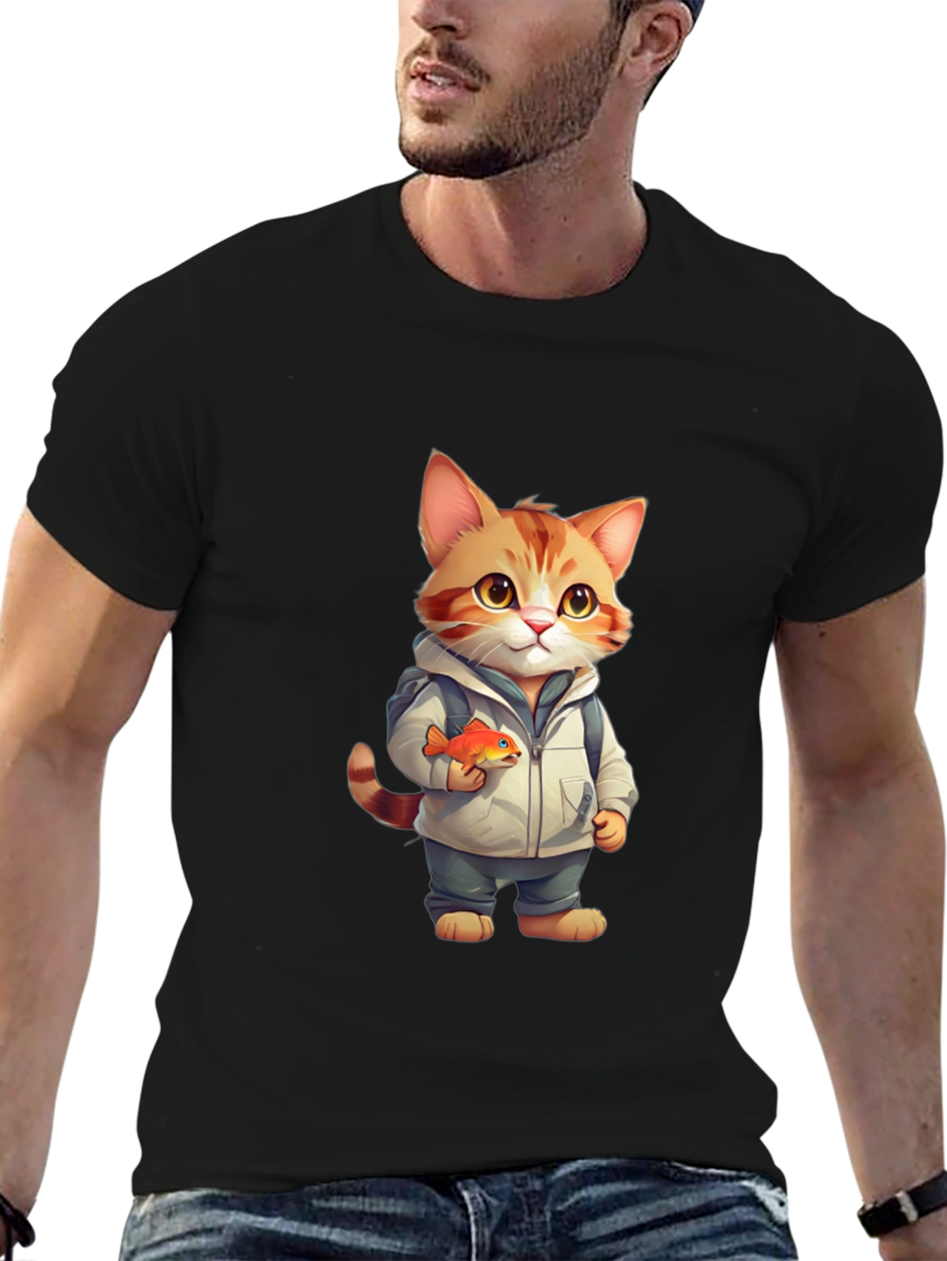 Cartoon Cat with Fish Graphic Tee