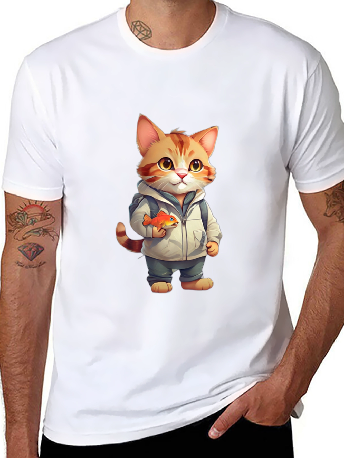 Cartoon Cat with Fish Graphic Tee