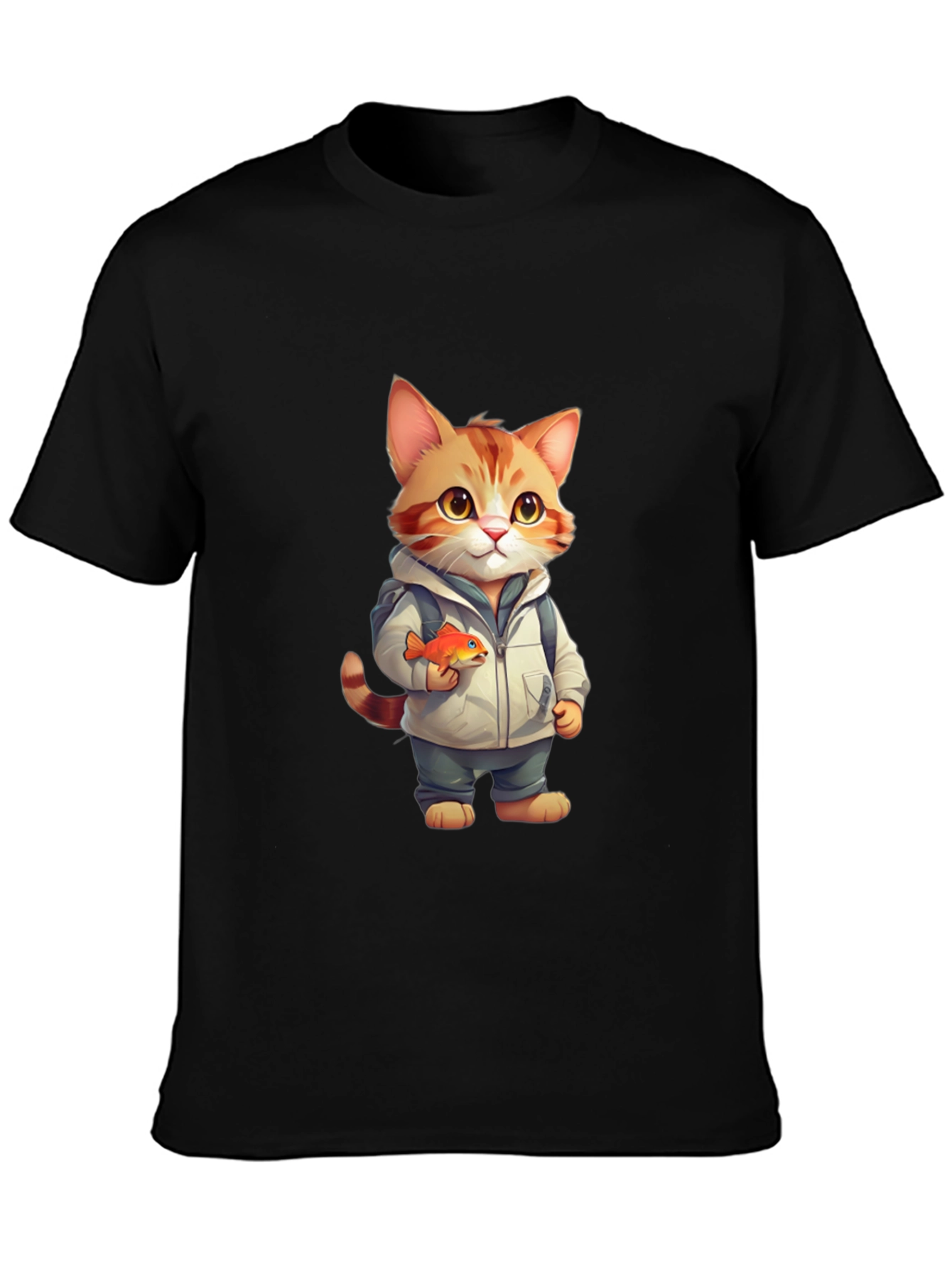 Cartoon Cat with Fish Graphic Tee