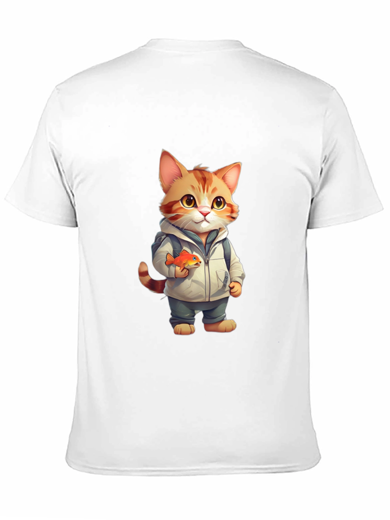 Cartoon Cat with Fish Graphic Tee