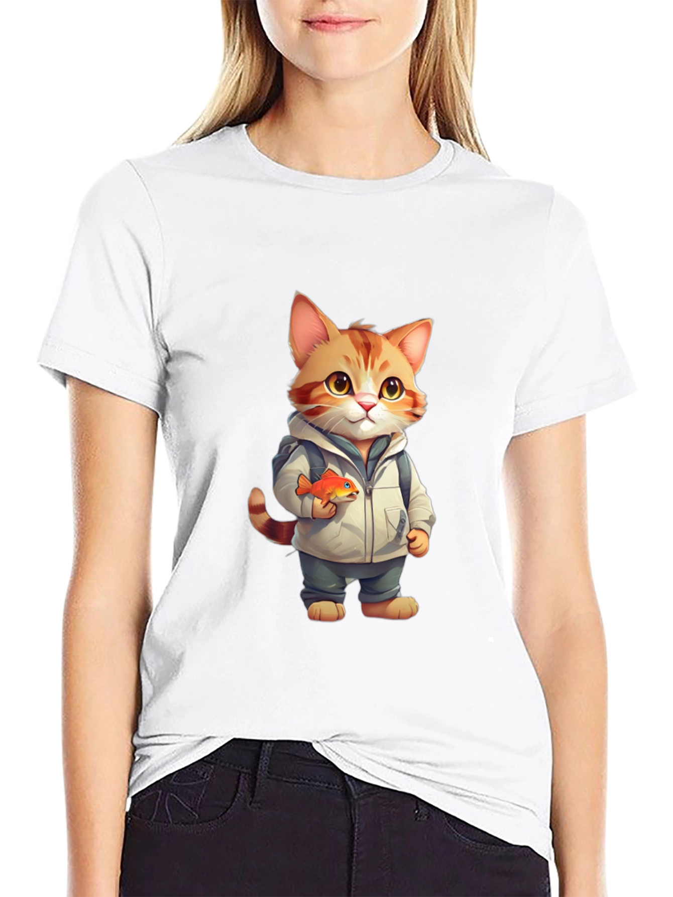 Cartoon Cat with Fish Graphic Tee