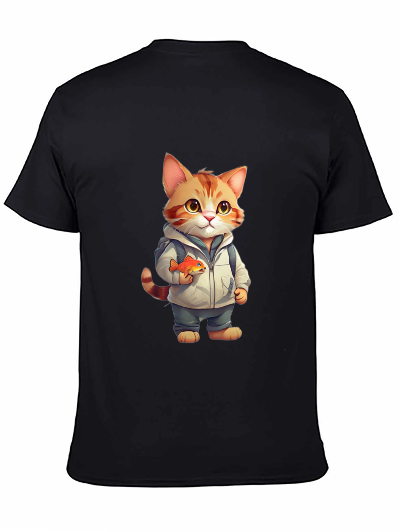 Cartoon Cat with Fish Graphic Tee