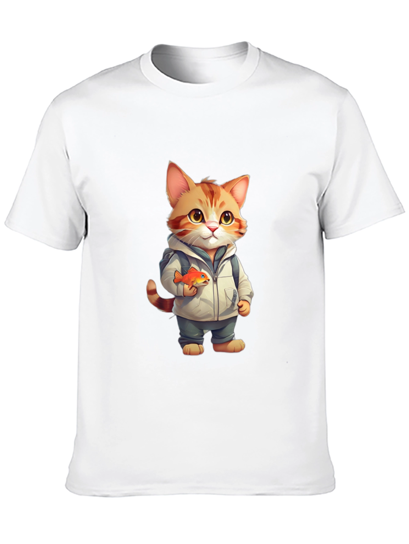 Cartoon Cat with Fish Graphic Tee
