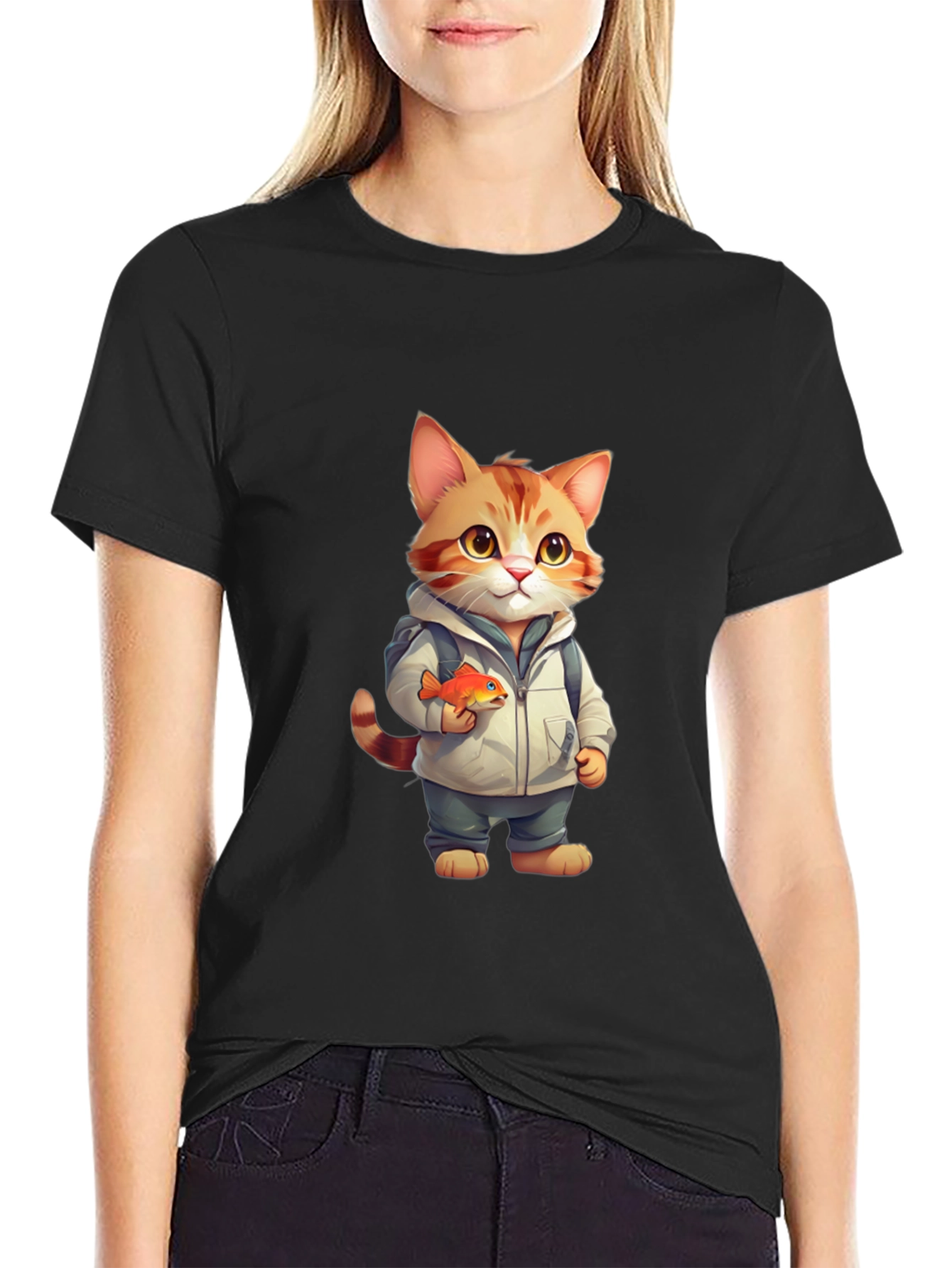 Cartoon Cat with Fish Graphic Tee