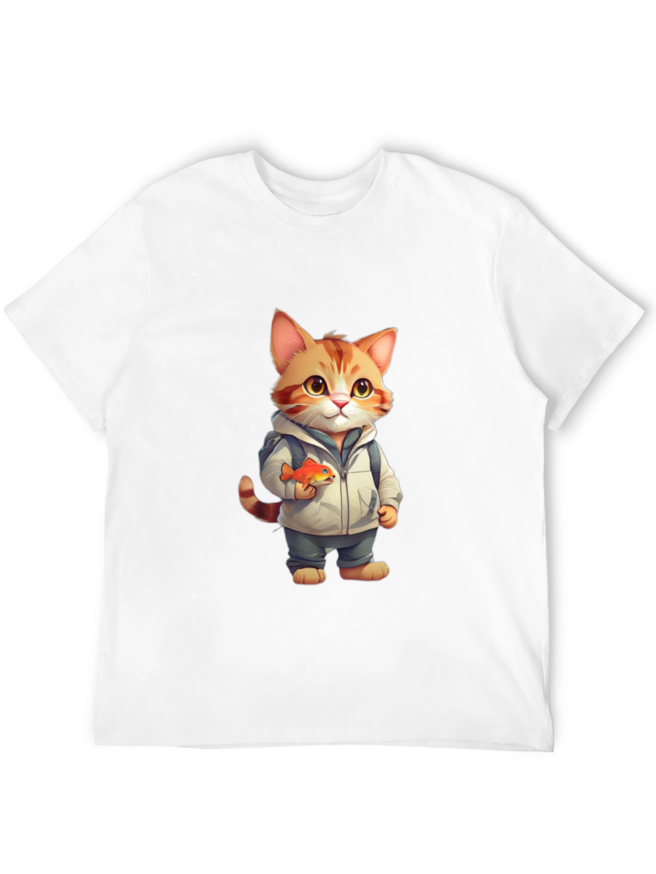 Cartoon Cat with Fish Graphic Tee