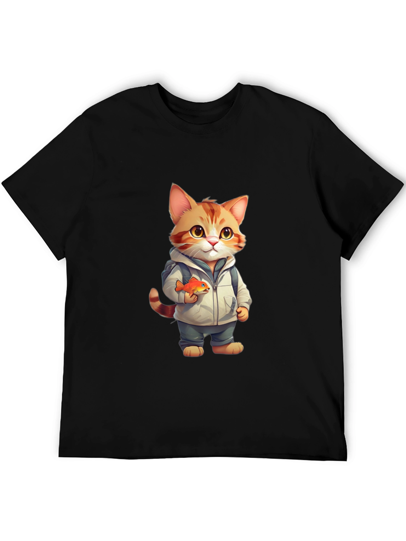 Cartoon Cat with Fish Graphic Tee