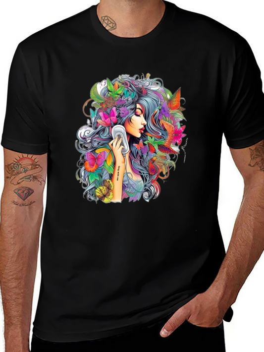 Floral Girl Graphic Print Black T-Shirt