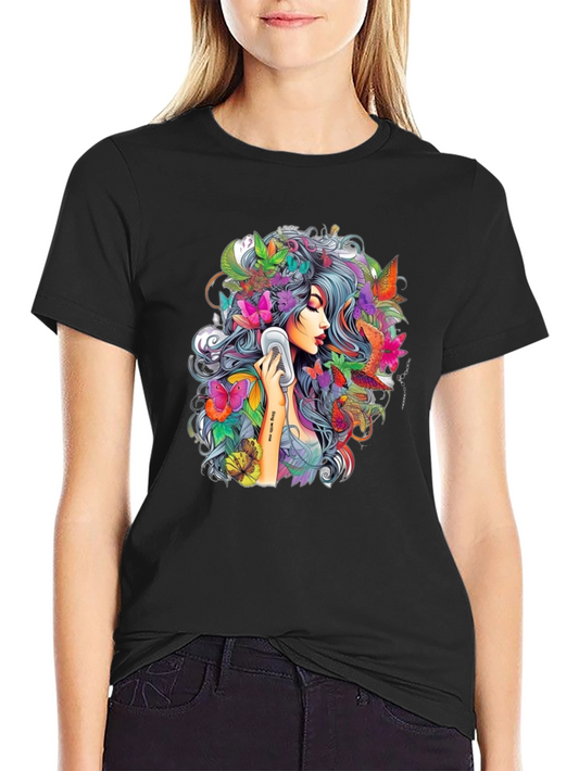Floral Girl Graphic Print Black T-Shirt
