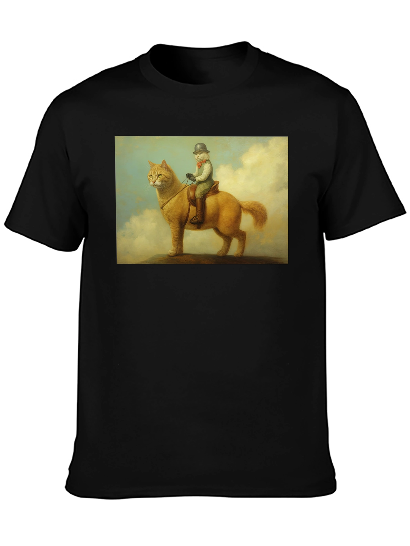 Cat Rider Tee - Whimsical Art Black T-Shirt