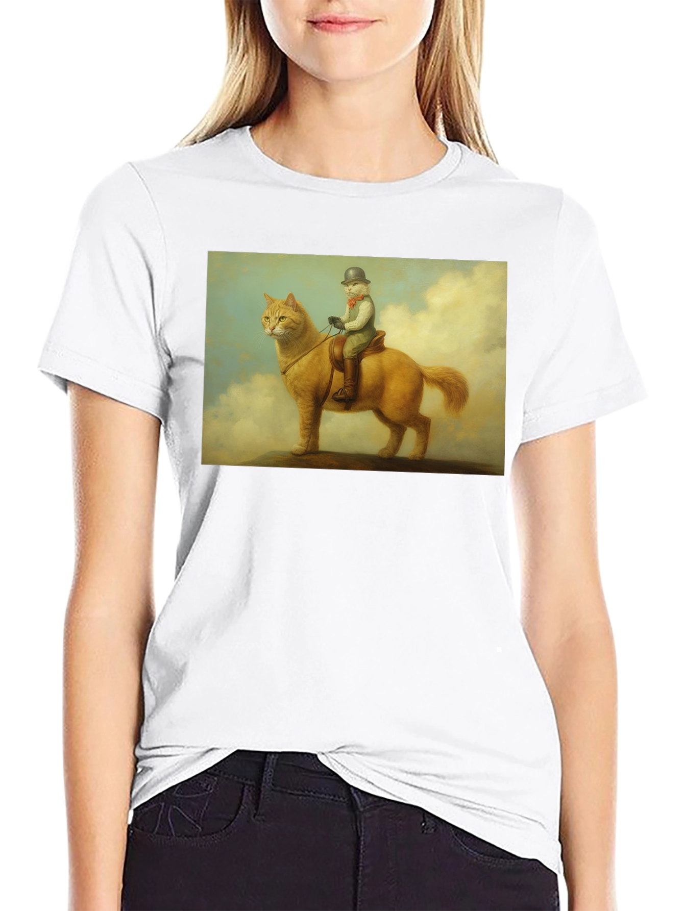 Cat Rider Tee - Whimsical Art Black T-Shirt