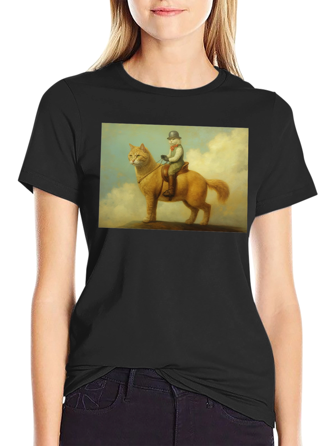 Cat Rider Tee - Whimsical Art Black T-Shirt