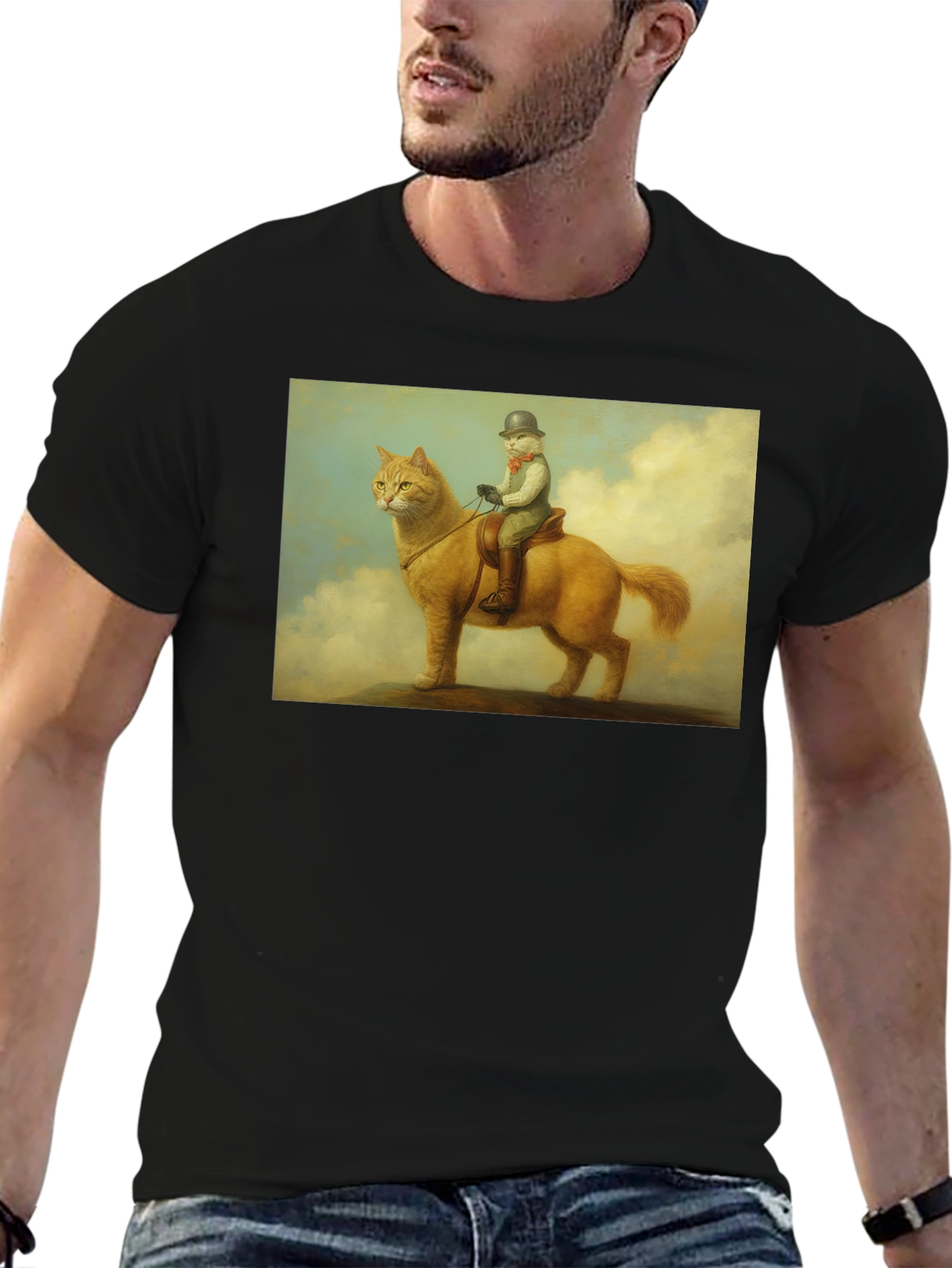 Cat Rider Tee - Whimsical Art Black T-Shirt