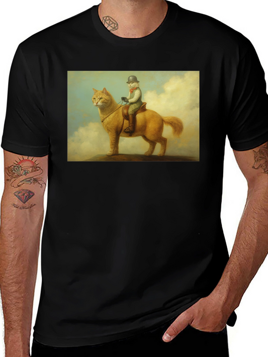 Cat Rider Tee - Whimsical Art Black T-Shirt