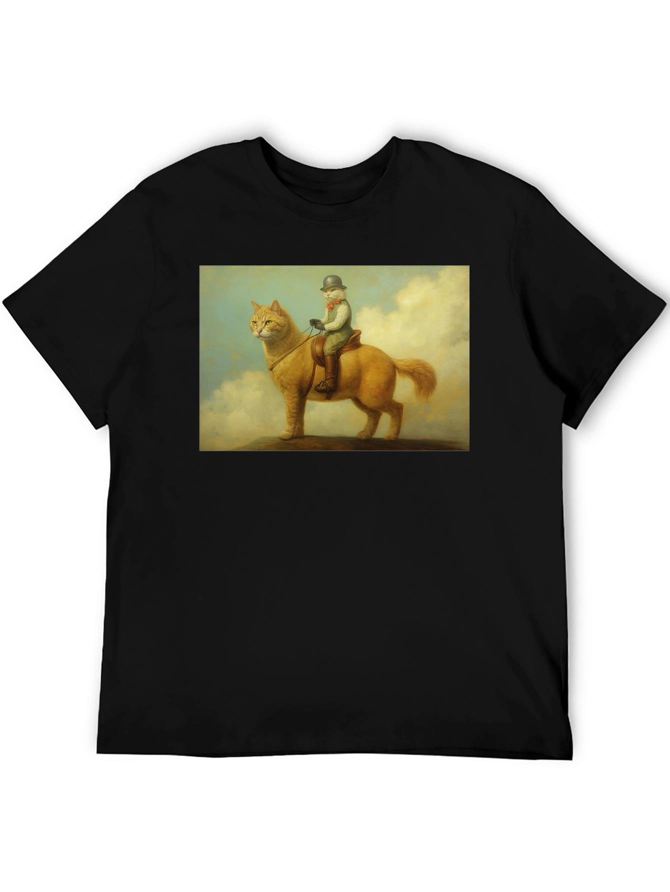 Cat Rider Tee - Whimsical Art Black T-Shirt