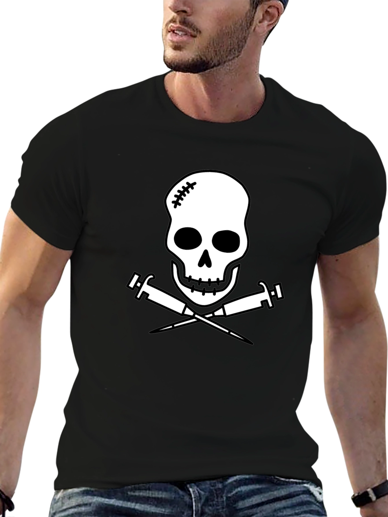 Edgy Skull & Syringe Graphic Tee - Black Cotton