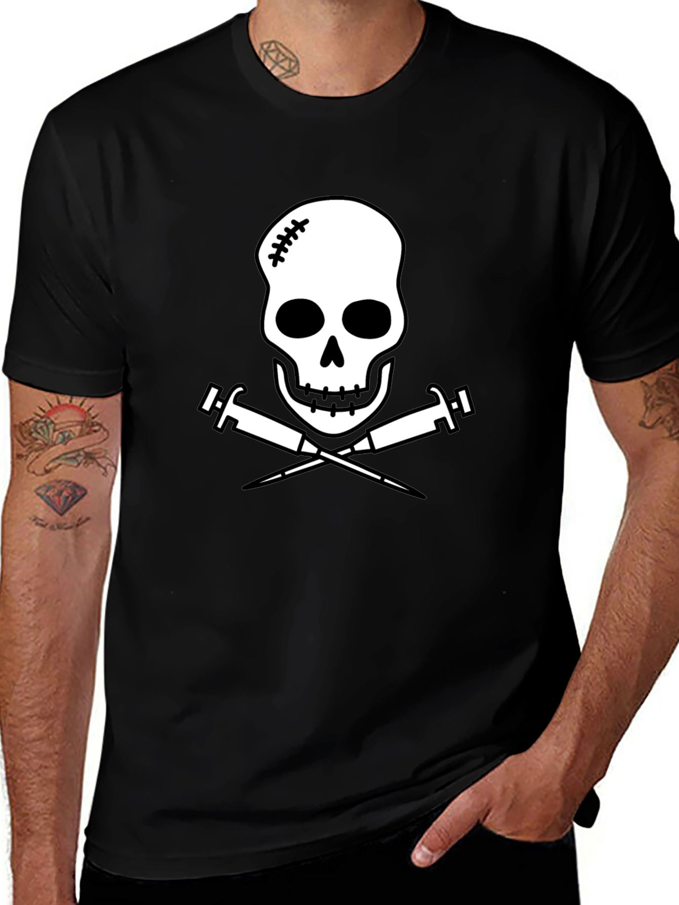 Edgy Skull & Syringe Graphic Tee - Black Cotton