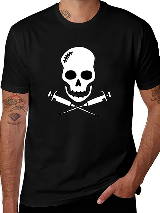 Edgy Skull & Syringe Graphic Tee - Black Cotton
