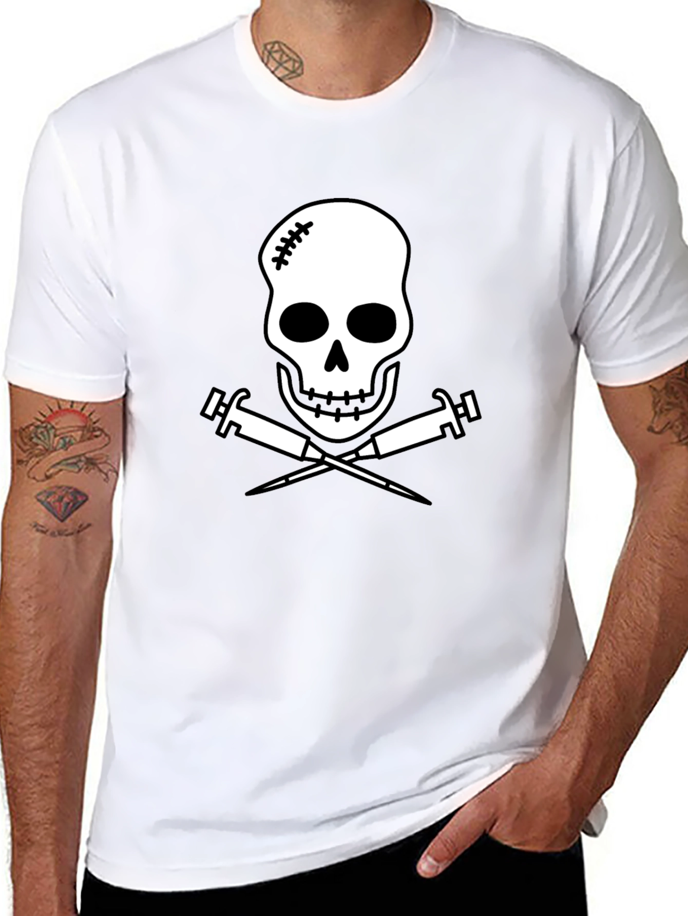Edgy Skull & Syringe Graphic Tee - Black Cotton