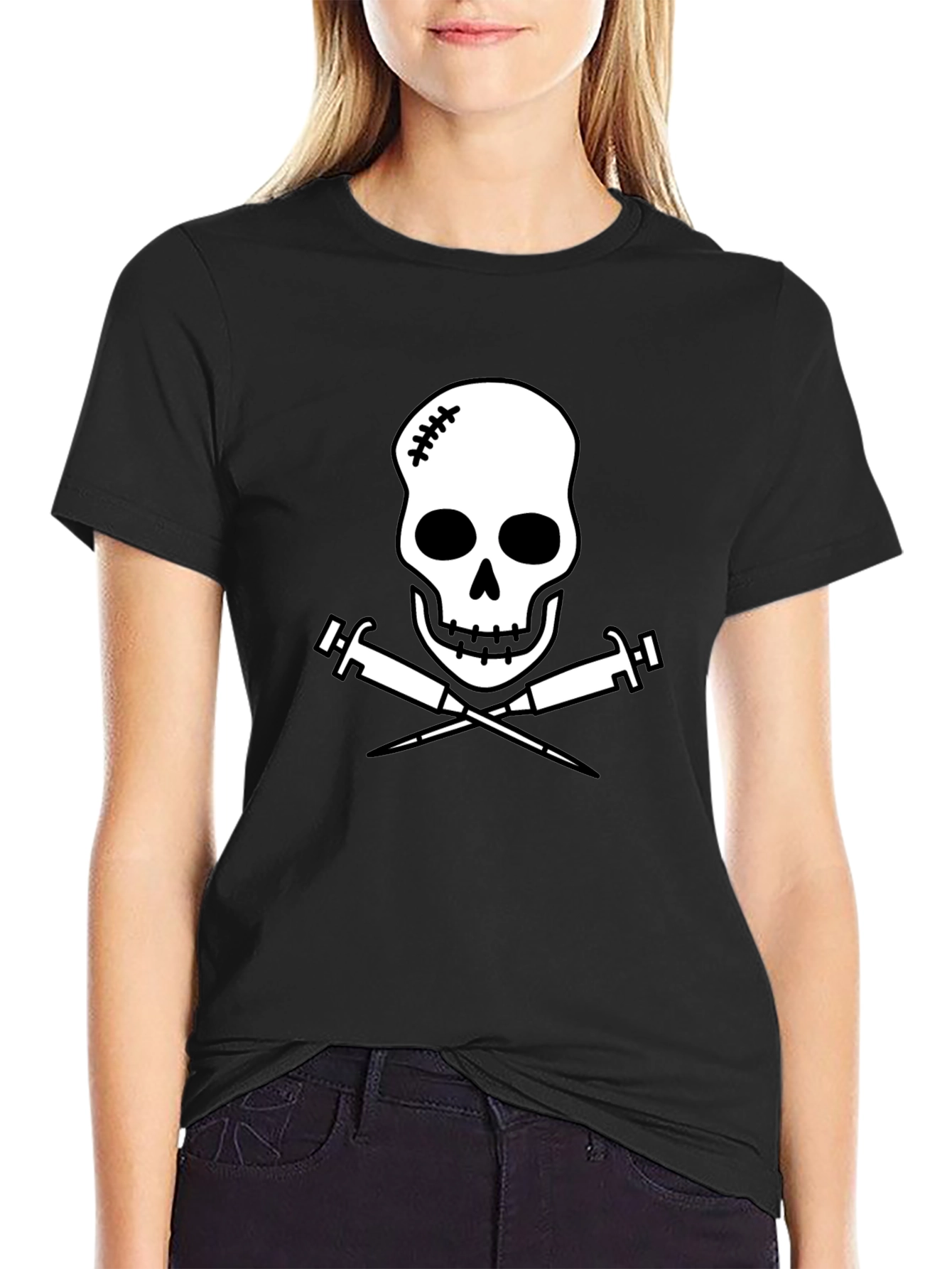 Edgy Skull & Syringe Graphic Tee - Black Cotton