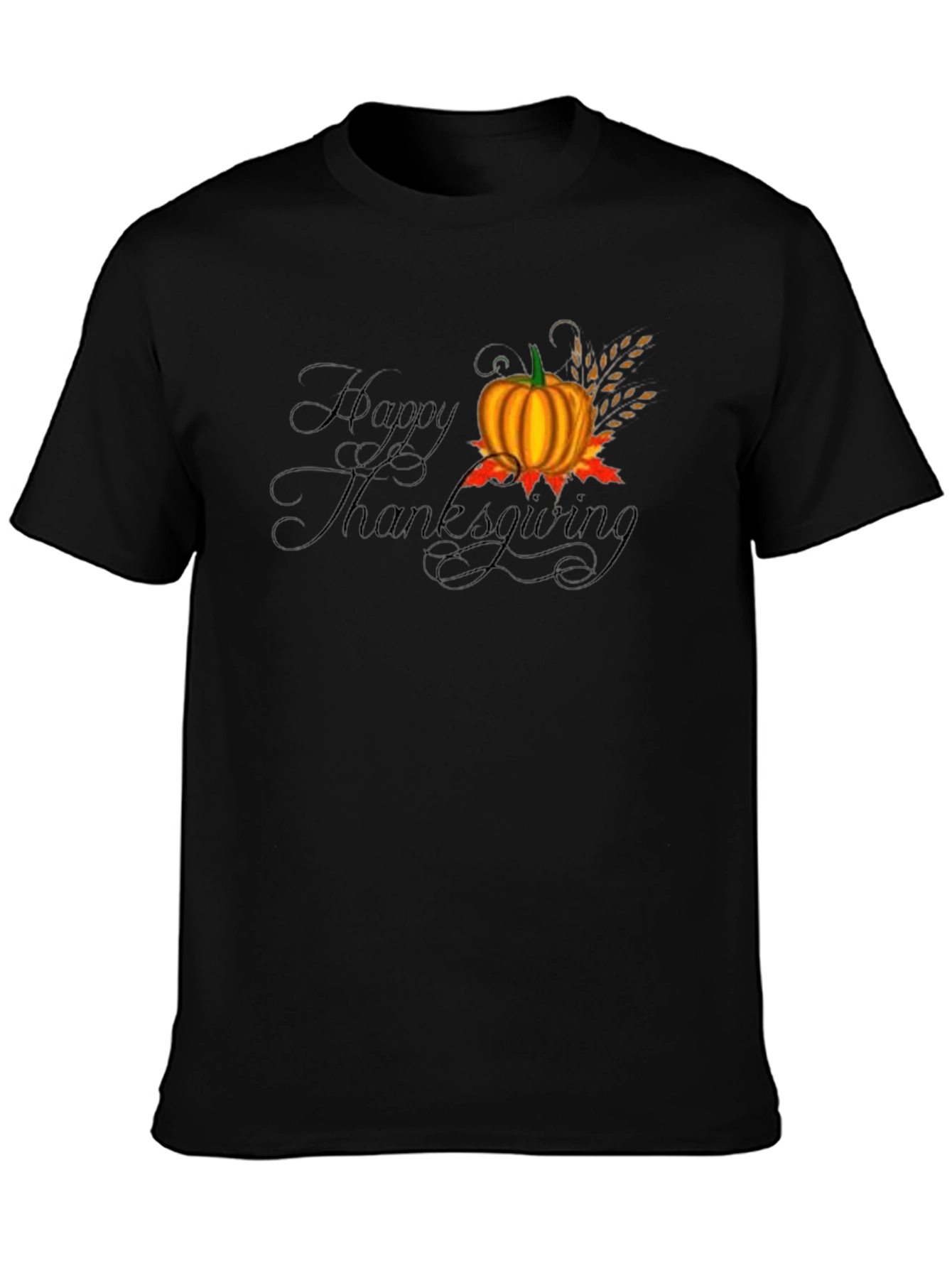 Happy Thanksgiving Black T-Shirt with Pumpkin