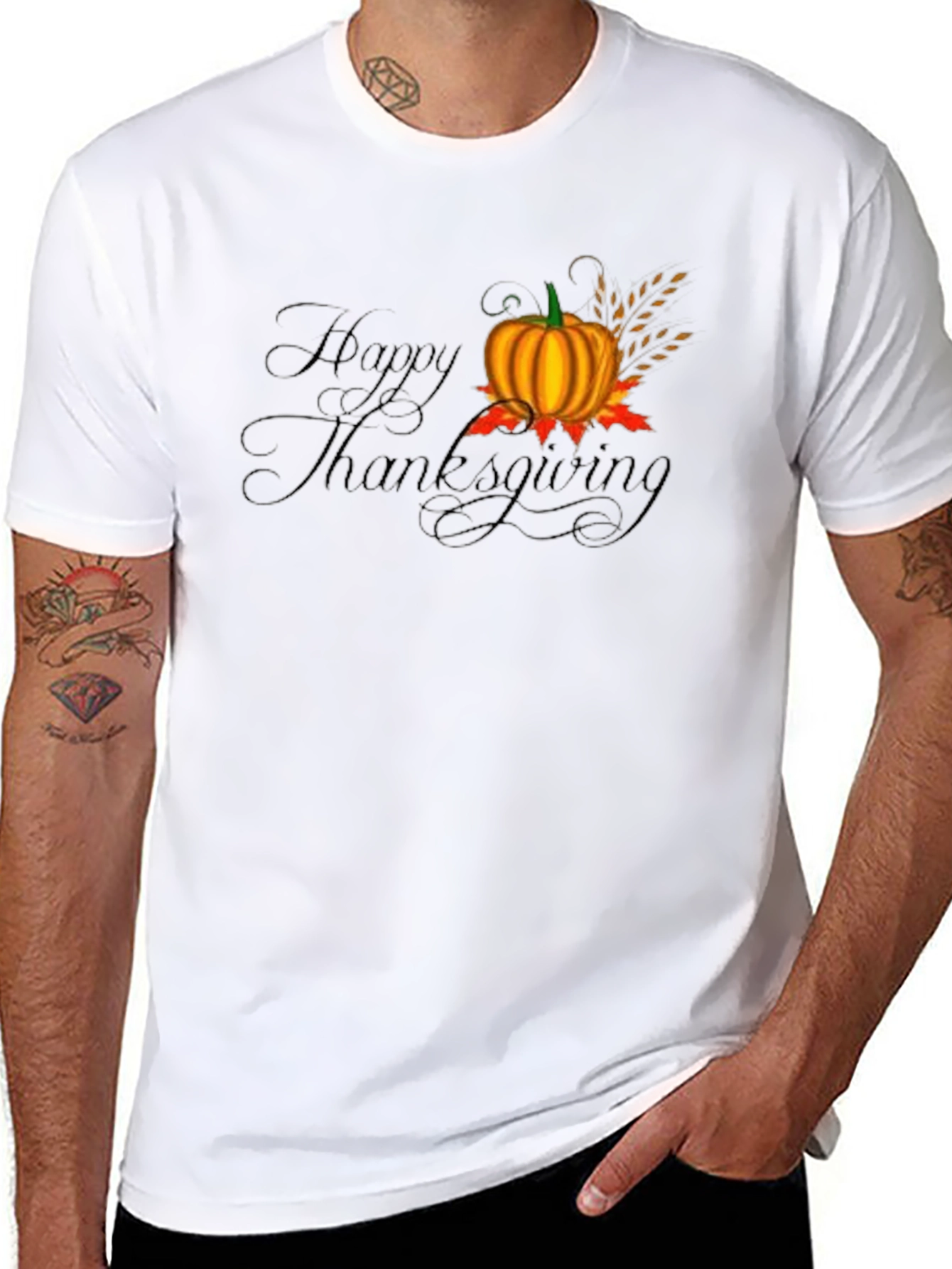 Happy Thanksgiving Black T-Shirt with Pumpkin