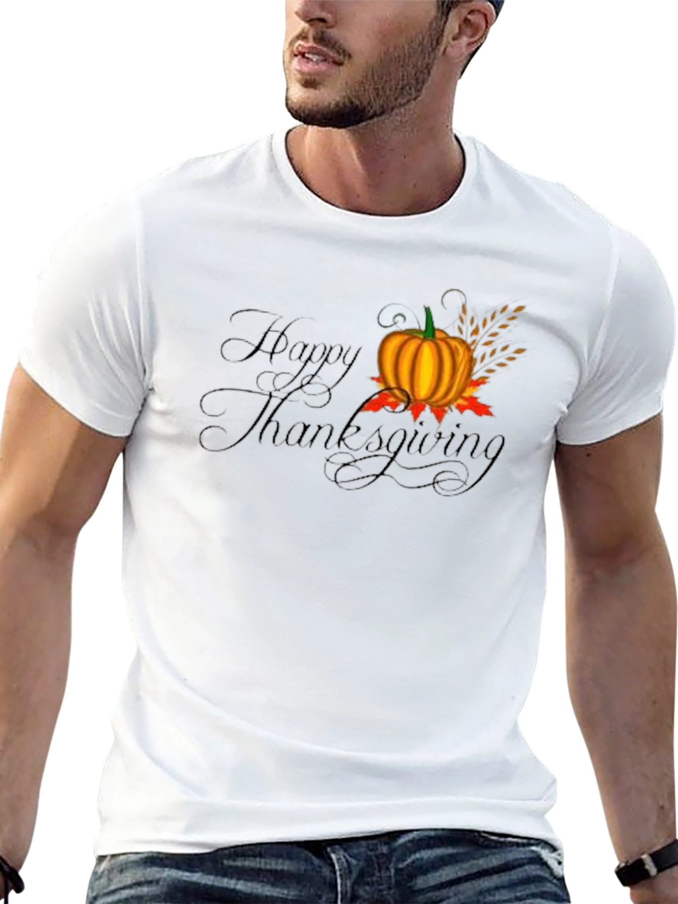 Happy Thanksgiving Black T-Shirt with Pumpkin