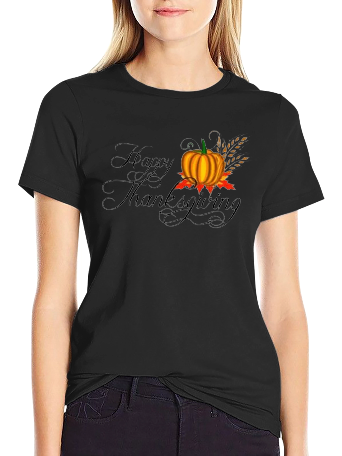 Happy Thanksgiving Black T-Shirt with Pumpkin
