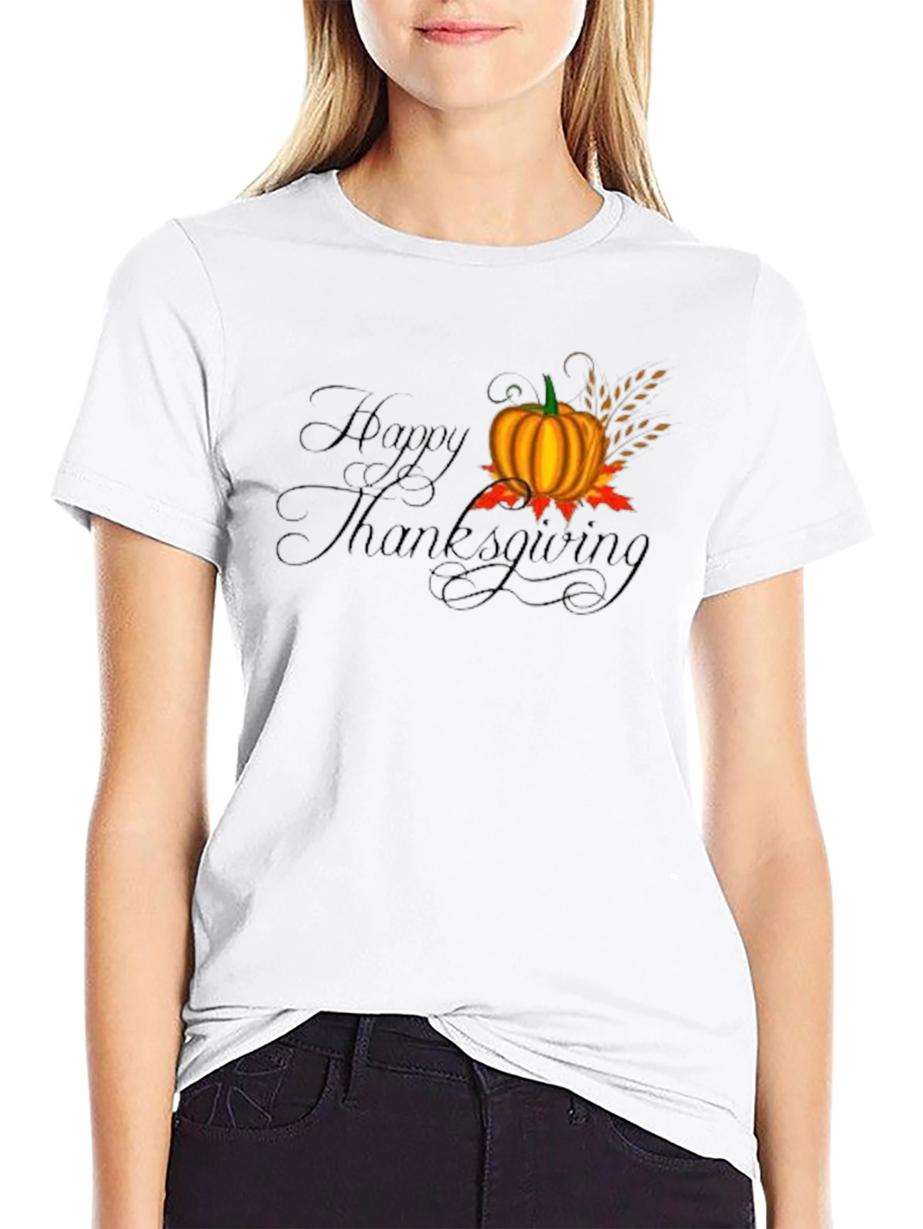 Happy Thanksgiving Black T-Shirt with Pumpkin