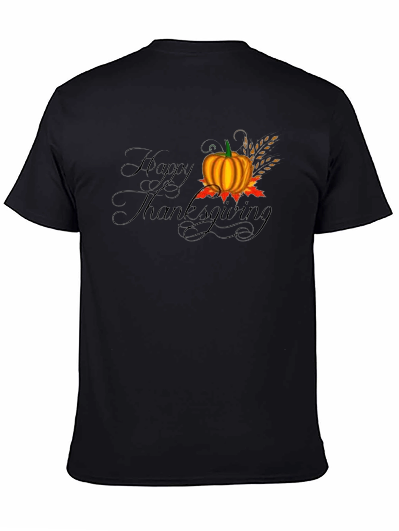 Happy Thanksgiving Black T-Shirt with Pumpkin