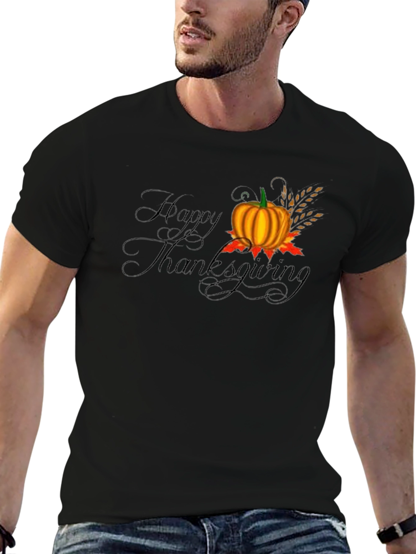 Happy Thanksgiving Black T-Shirt with Pumpkin