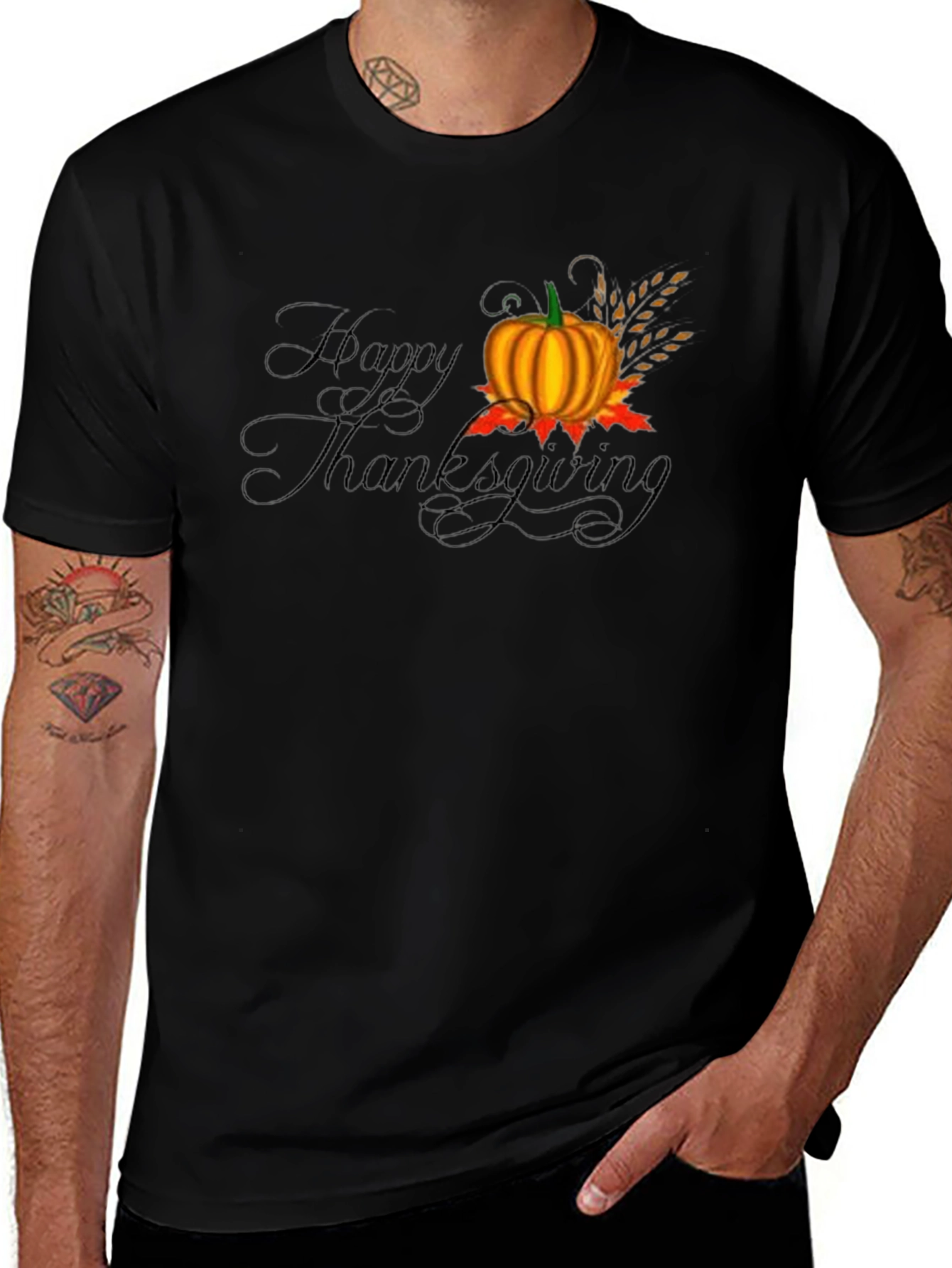 Happy Thanksgiving Black T-Shirt with Pumpkin
