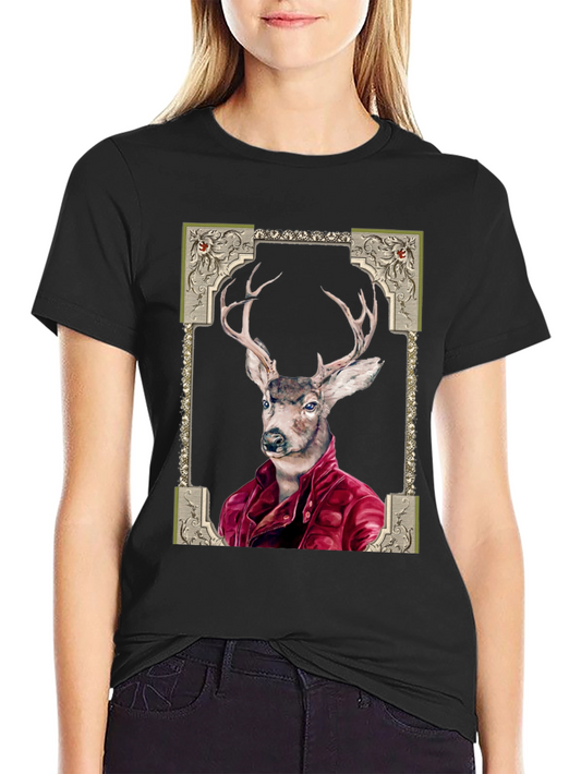 Deer in Leather Jacket Graphic Tee - Cool Animal Art Shirt