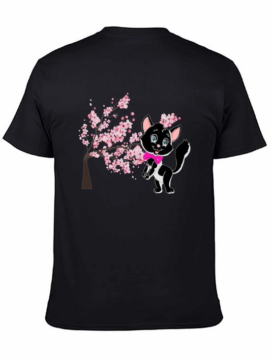 Cute Cat & Cherry Blossom Black T-Shirt