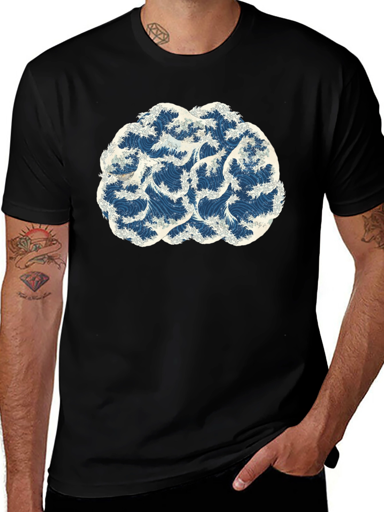 Wave Brain Black Tee - Artistic Mens T-Shirt